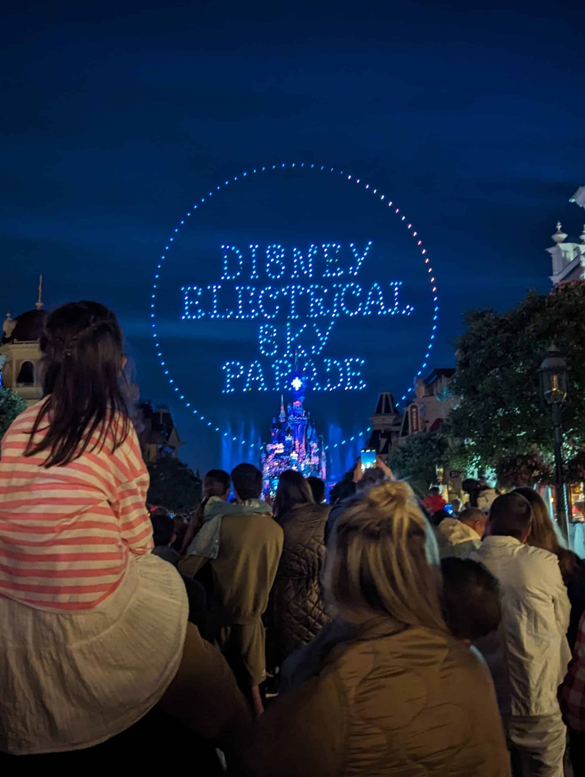 View of the Disneyland Paris Castle with the Electrical Sky Parade