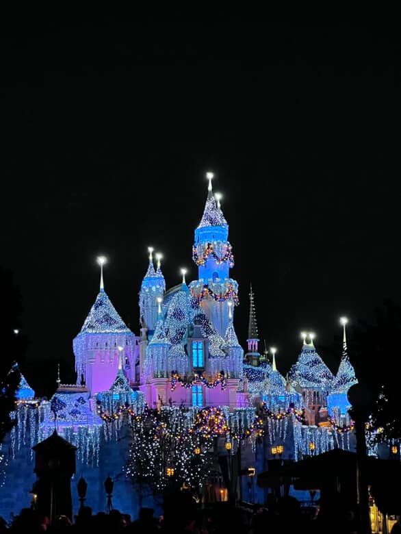 Disneyland's Sleeping Beauty Castle lit up at night
