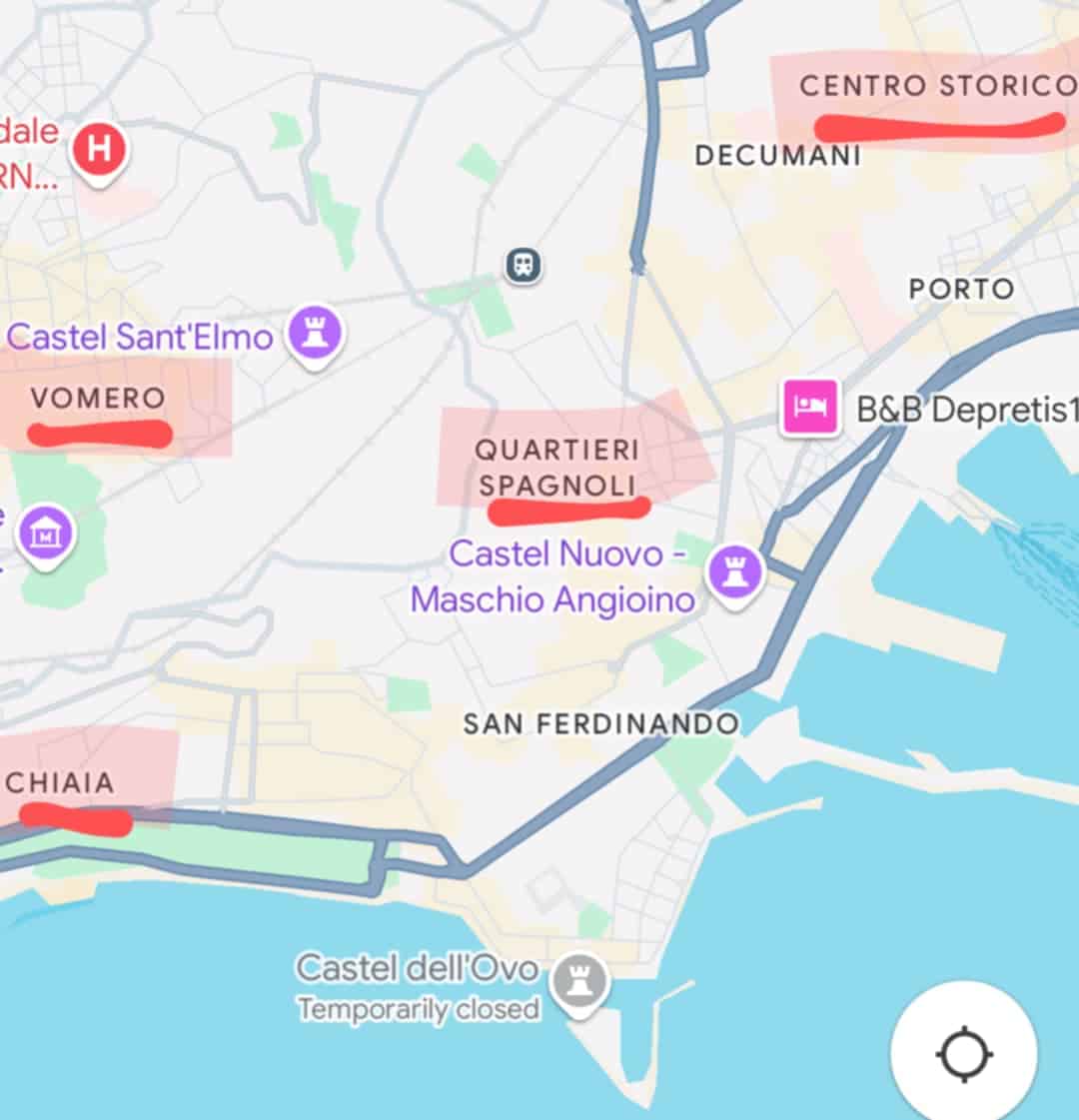Map of Naples highliting some of the best areas to stay