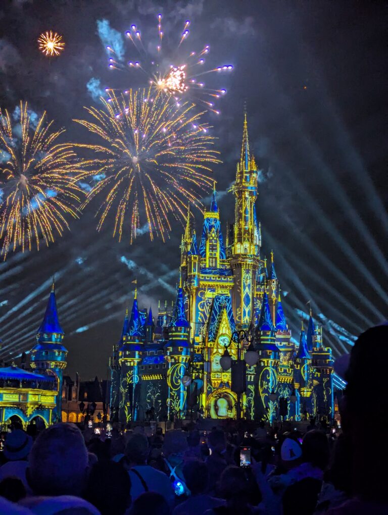 Cinderella's castle lit up at night with fireworks